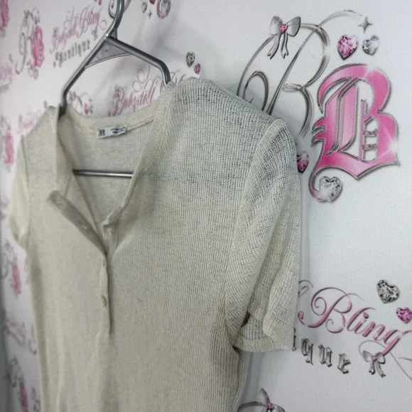 Zara T-shirt buttons knit cream white top shirt Beige Short Sleeve Top - Picture 4 of 11
